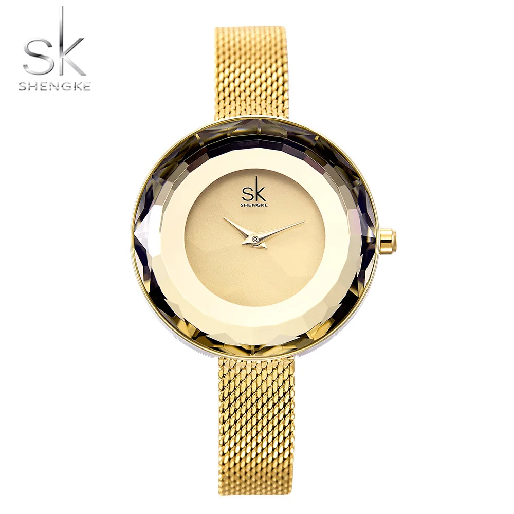 

Shengke 2019 New Luxury Fashion Ladies Watch Prism Fac Gold Steel Mesh Quartz Women Watches Brand Female Clock Relogio Feminino