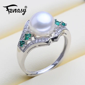 

FENASY Trendy Green Stones Crown Shape 925 Sterling Silver Ring With Pearl Genuine Natural Freshwater Pearl Rings For Women