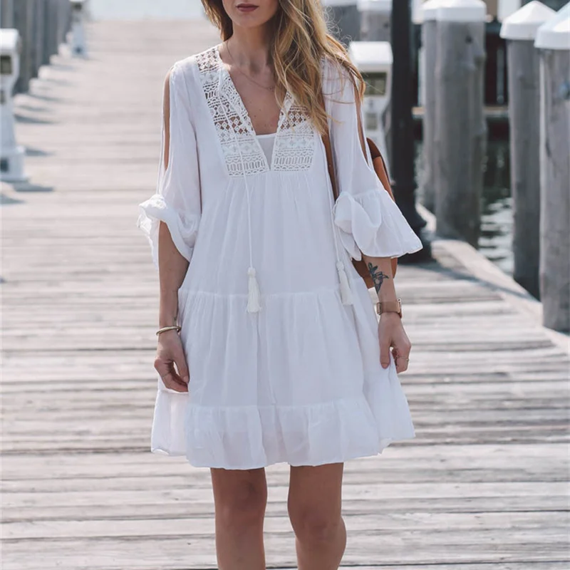 NODELAY 2018 New Cotton Cover Up Beach Women White Pareo Beachwear Lace ...