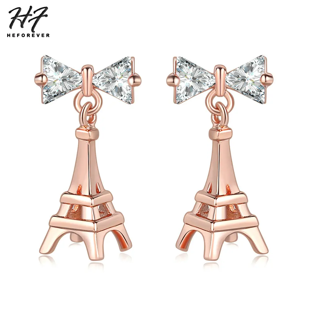 

Eiffel Tower Style Drop Earrings for Women Unique Bowknot Crystal Rose Gold Silver Color Gift New Design Fashion Jewelry DZE003