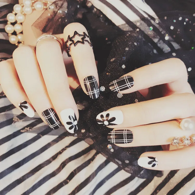 24pcs Fashion Fake Nail Tips Stiletto Black Flower Patterns Full Cover DIY Art Stickers With Glue Free Ship | Красота и здоровье