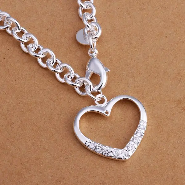 

Hot Sale!!Free Shipping silver plated Necklace,Fashion Silver love heart necklace Jewelry Inlaid Stone Heart Necklace