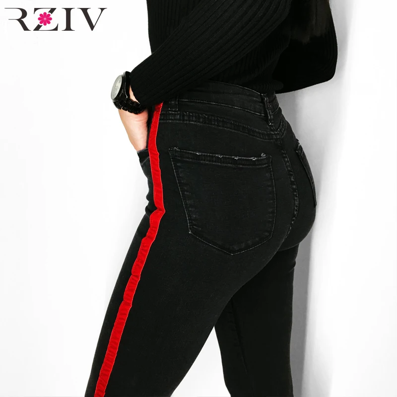RZIV 2018 jeans woman casual stretch denim solid color stitching waist black jeans and skinny jeans trouser