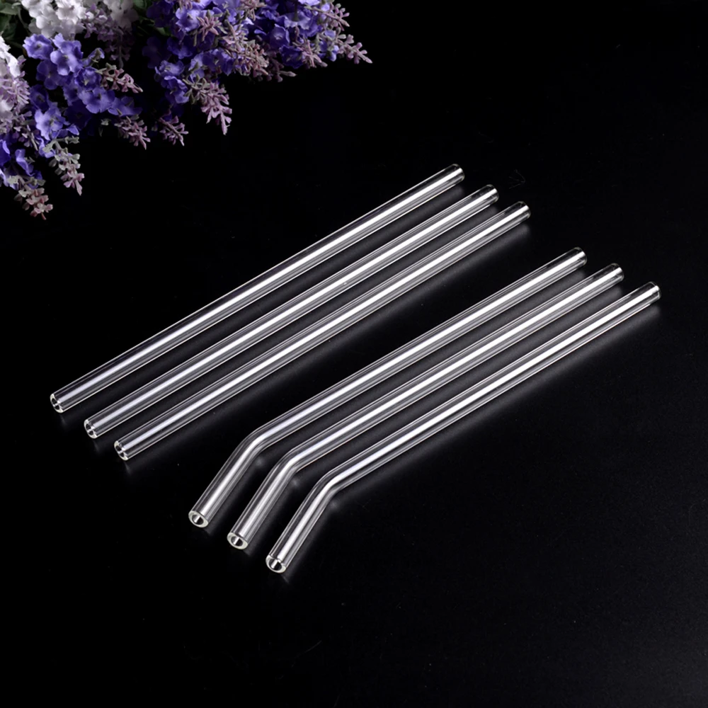 6pcs/set Transparent Tempered Borosilicate Glass Drinking Party Bar Drink 8mm Thick Bent Straws Cup Accessories Straws