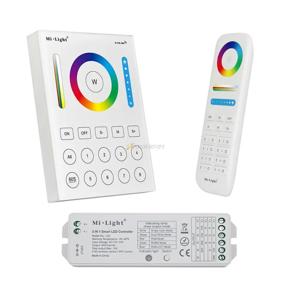 Miboxer FUT089 2.4G wireless 8 Zone RF Remote ; B8 Touch Panel Wall-mounted Remote; LS2 5 in 1 led controller for RGB+CCT Led