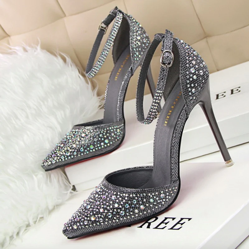 Женская обувь высокая heelssexy женская на высоком каблуке серебристые со стразами