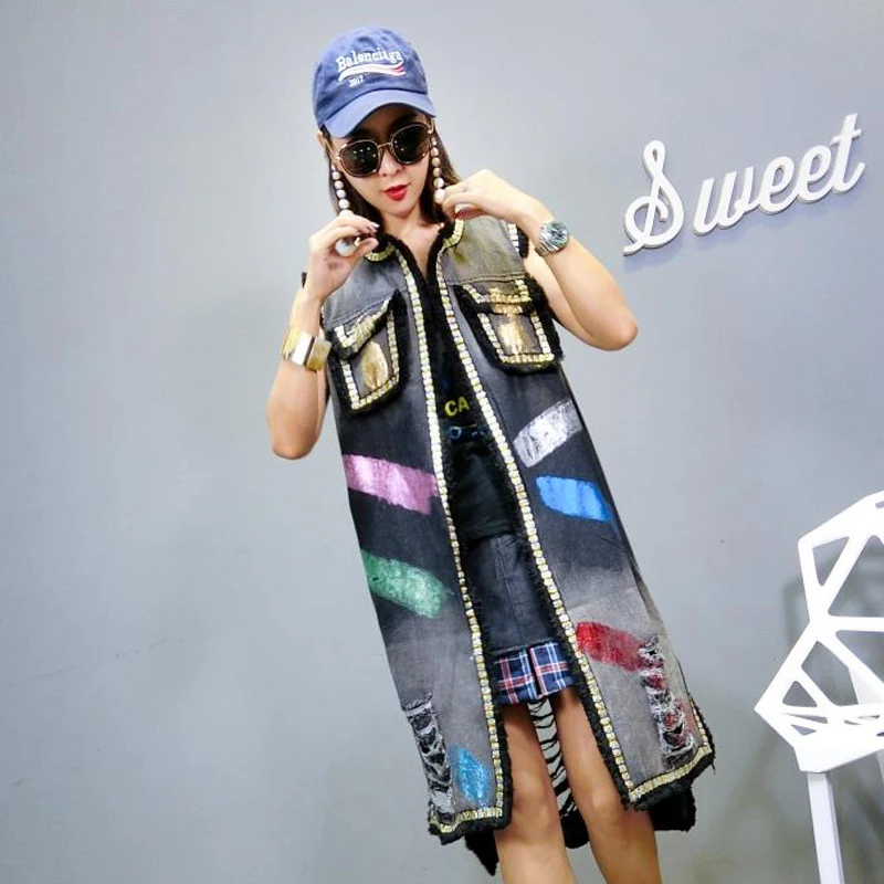 

Punk Style Strapless Women Denim Vest Coat 2019 Summer New Korean Broken Hole Jacket Long Waistcoat Plus Size Fashion Women Vest