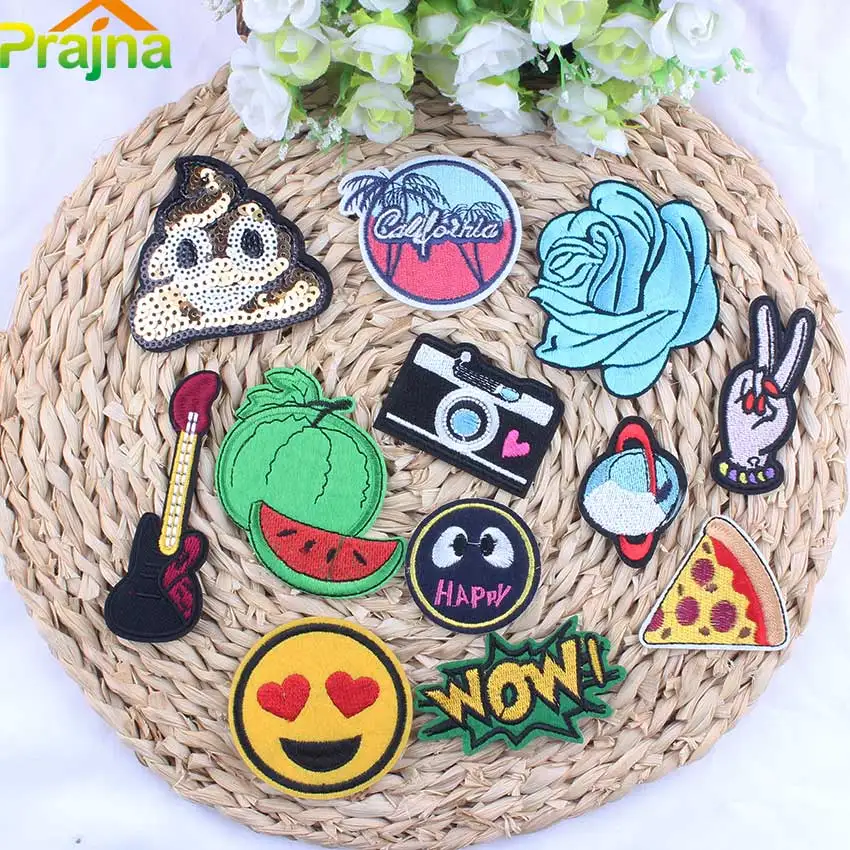 

15PCS Emoji Anime Badges Jacket Unicorn Smil Patch Guitar Donut Embroidered Cartoon Iron On Patches For Clothes Food Chips T1
