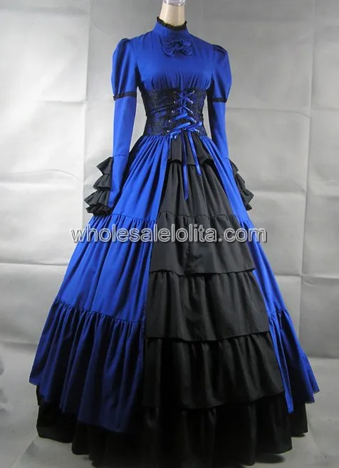 Синий и черный одежда с длинным рукавом готический, викторианской эпохи платье