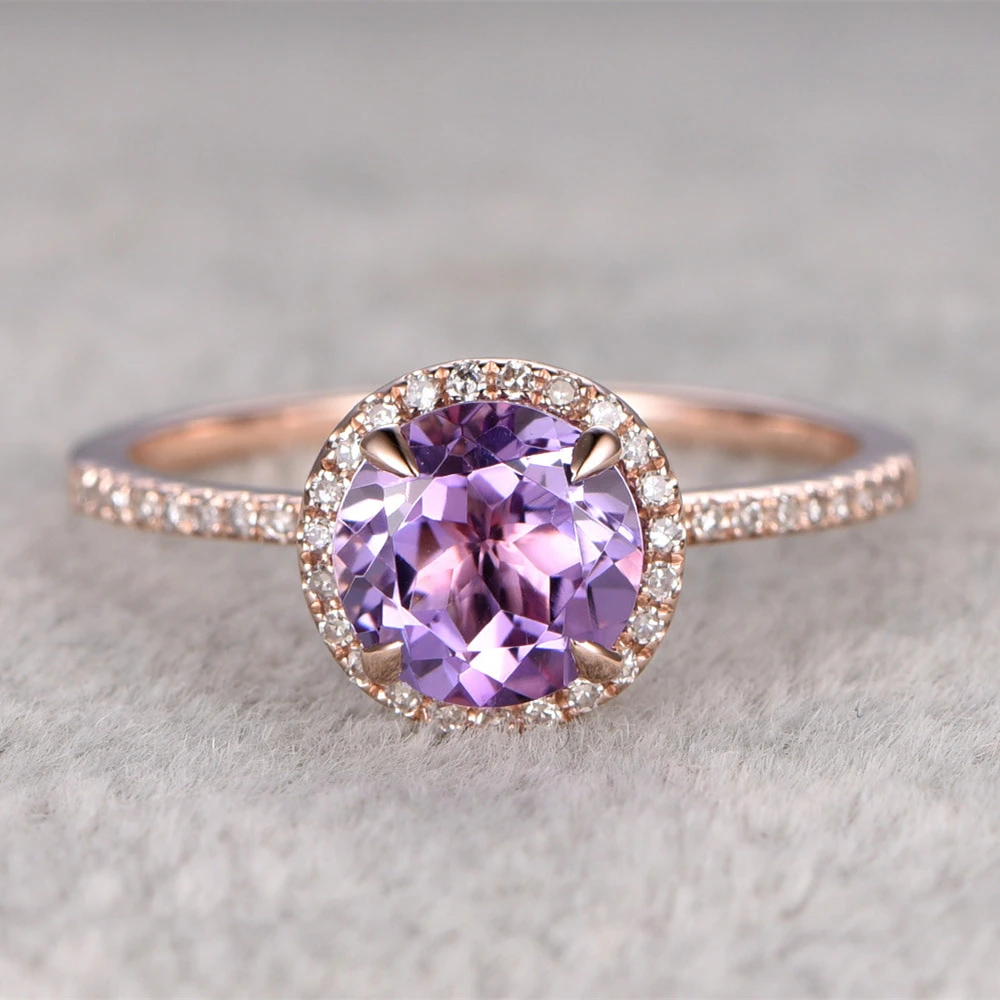 Anillo Para Las Mujeres 14 K de Oro Rosa de Corte Redondo Natural Amatista anillo de Compromiso Band Promesa de piedra Púrpura anillo|ring band|ring forrings for women - AliExpress