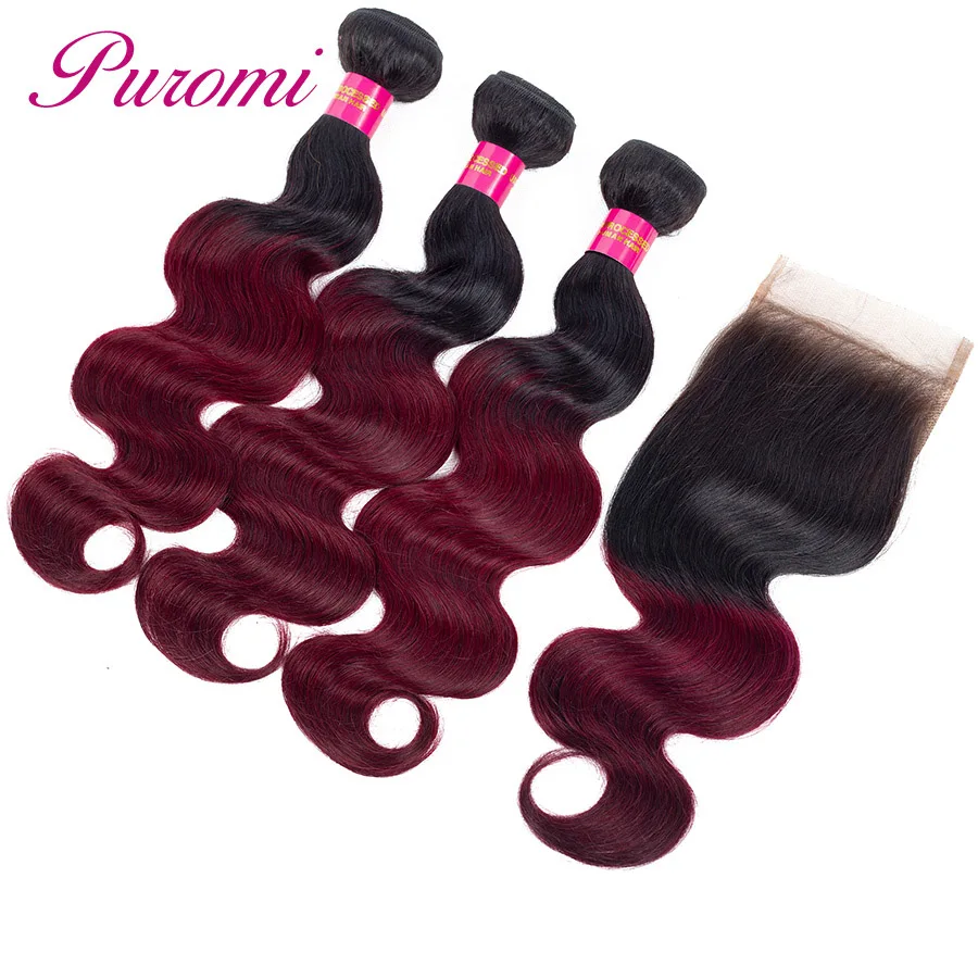 Puromi Hair Malaysian Body Wave 3 Bundles with Closure 1b/99j Ombre 100% Human Hair Weave Non-remy Natural Red Hair Extension