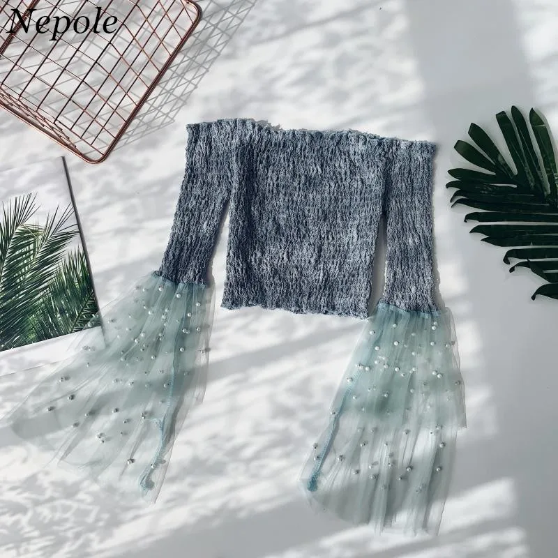 

Neploe Ruched Mesh Fake Pearl Beading Flare Sleeves Blusa Modis Elastic Slash Neck Sweet Girl Shirt 2019 Summer New Blouse 69938