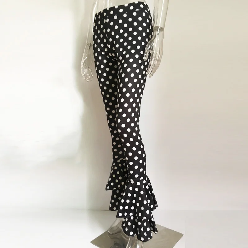 Женские расклешенные брюки в горошек с высокой талией, сексуальные женские брюки с оборками, сексуальные расклешенные брюки, уличная одежда высокого качества - Цвет: polka dot