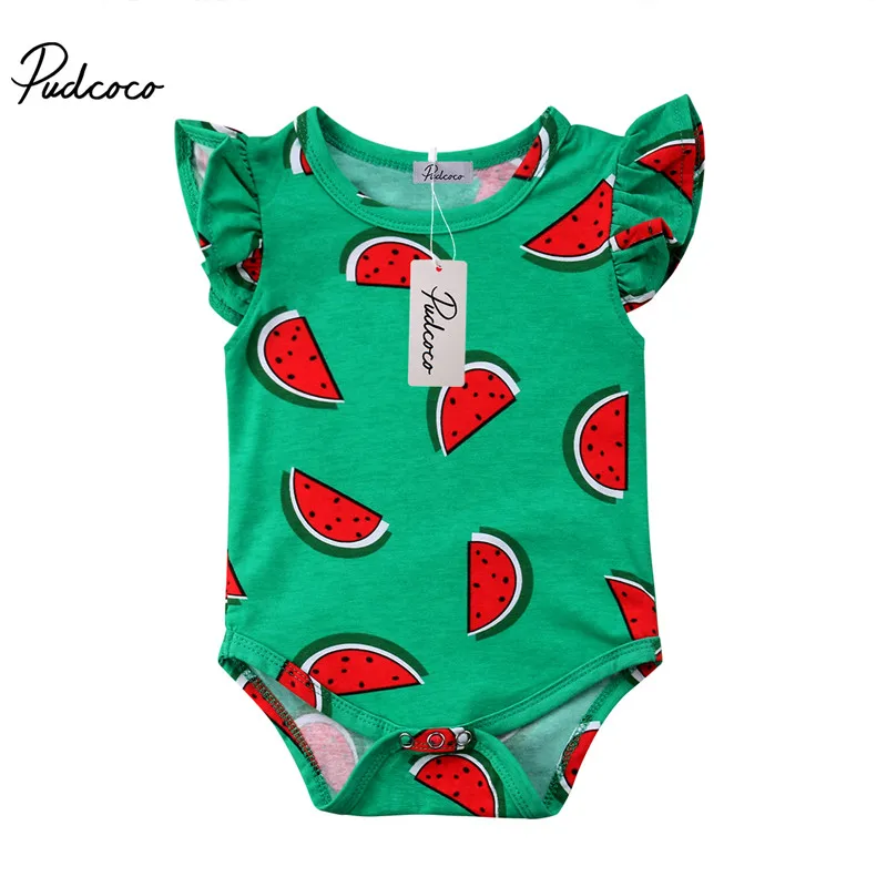 

Sweet Fashion Toddler Baby Girls Cotton Ruffle Short Sleeve O-Neck Covered Button Watermelon Print Romper 0-24M