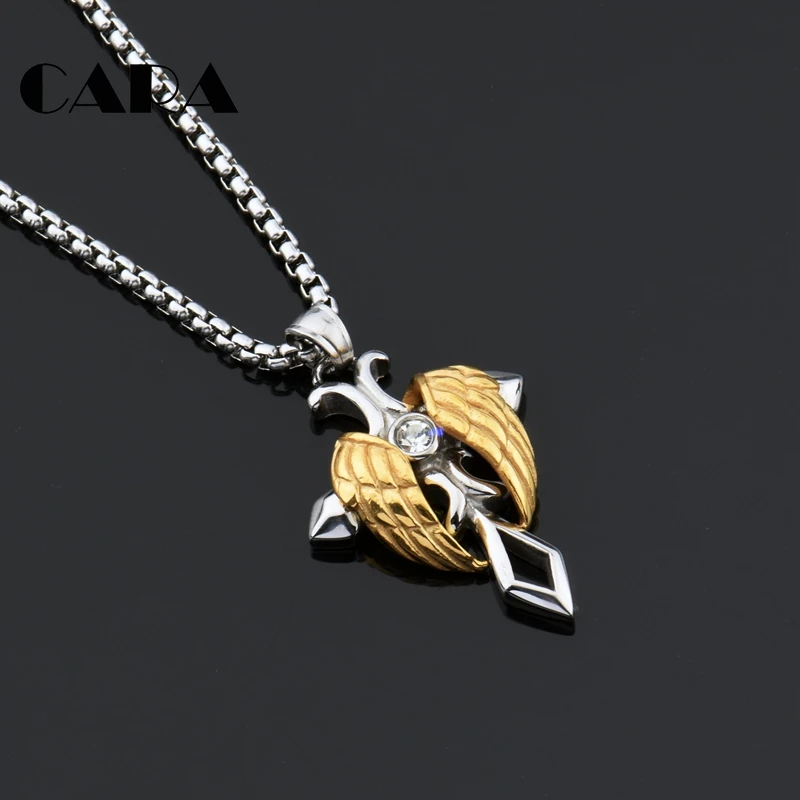 CARA New 2tone stainless steel angel wings cross pendant necklace Big