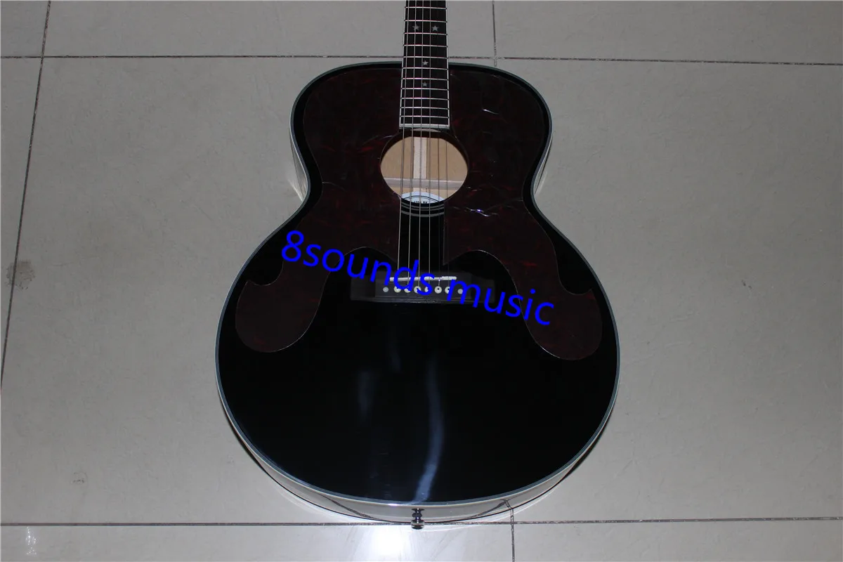 

free shipping jumbo G logo black guitar double pickguard acoustic electric guitar star inlay customize guitar