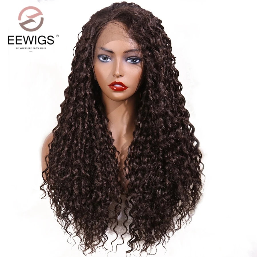 

EEWIGS Long Kinky Curly Wig Brown Synthetic Lace Front Wig With Natural Hairline Heat Resistant Glueless Purple Wigs for Women