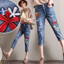 Женские Стрейчевые джинсы с высокой талией, обтягивающие джинсы с вышивкой, без рваных женщин, джинсовые брюки с дырками, штаны женские джинсы, узкие брюки