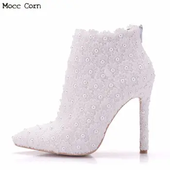 

Women White Flower Lace Boots High Heels Ankle Boot Pearl Wedding Shoes Bride Pumps Pointed Toe Thin Heel Stiletto Boots Heels