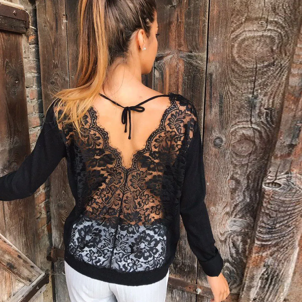 

2019 Women Backless O-Neck Lace Long Sleeve Sweatshirt Pullover Tops Bluses Shirt see through top women sexy shirt moda mujer v