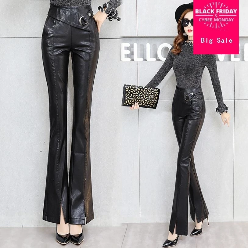 

Fashion brand pure color motorcycle PU leather Pants female hollow cut with velvet pocket pu leather flare pants wj2763 dropship