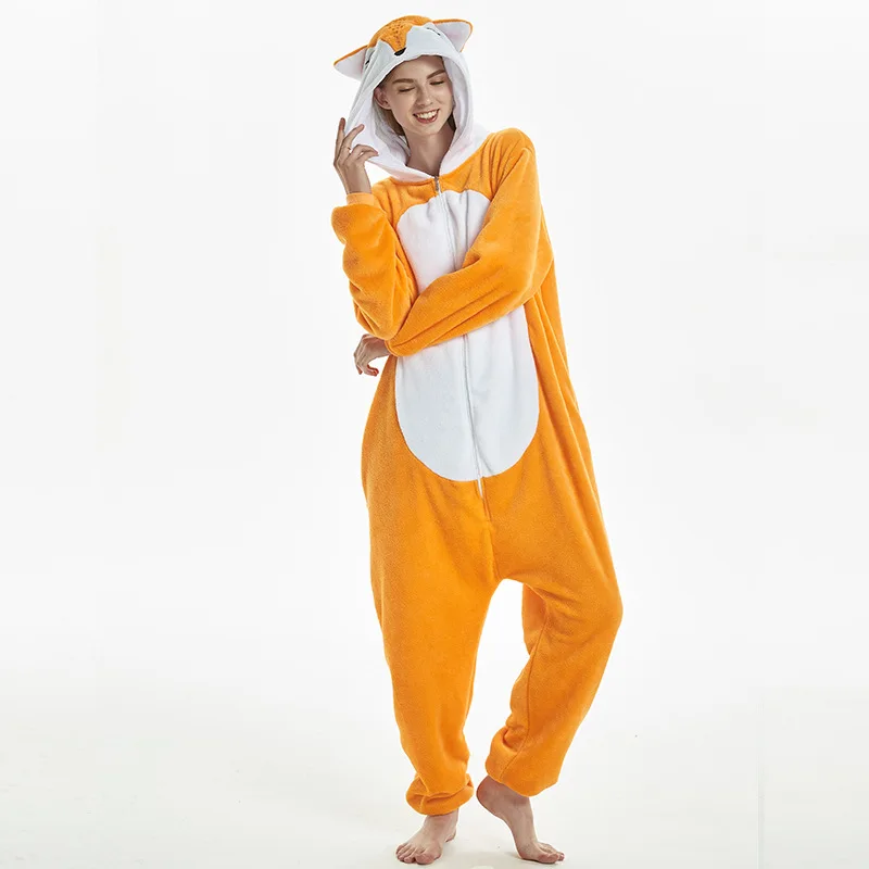 

Amusing Orange Fox Kigurumi Flannel Animal Onesies Soft Women Pajamas Party Bodysuit Cosplay Unisex Sleepwear Halloween Pyjamas