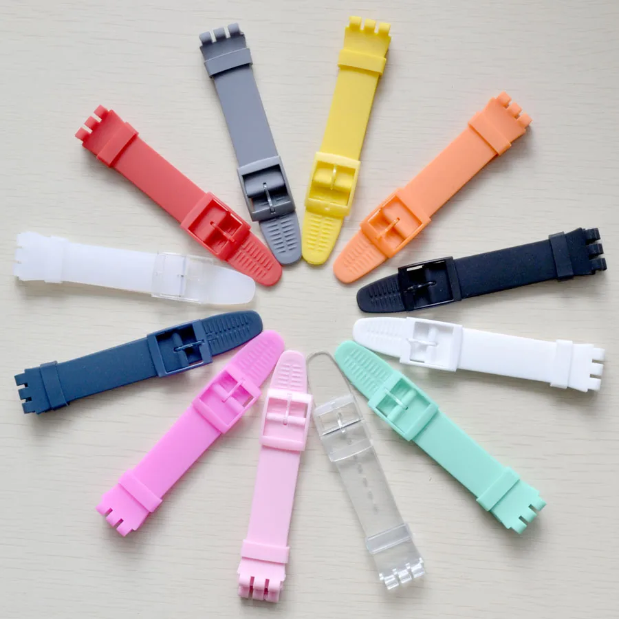 High Quality Black White Navy Brown 17mm 19mm 20mm Silicone Rubber Watchband For Swatch Colorful Rubber strap plastic buckle