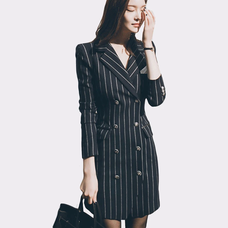Vangull 2019 высокое качество офисный костюм для дам для женщин длинный тонкий полосатый двубортный Блейзер женское платье элегантные рабочие