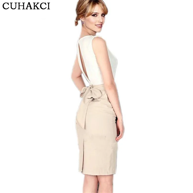 

CUHAKCI Summer Chiffon Dress Stitching Women Sleeveless Dresses Patchwork O-Neck Bow Business Work Office Dress S110