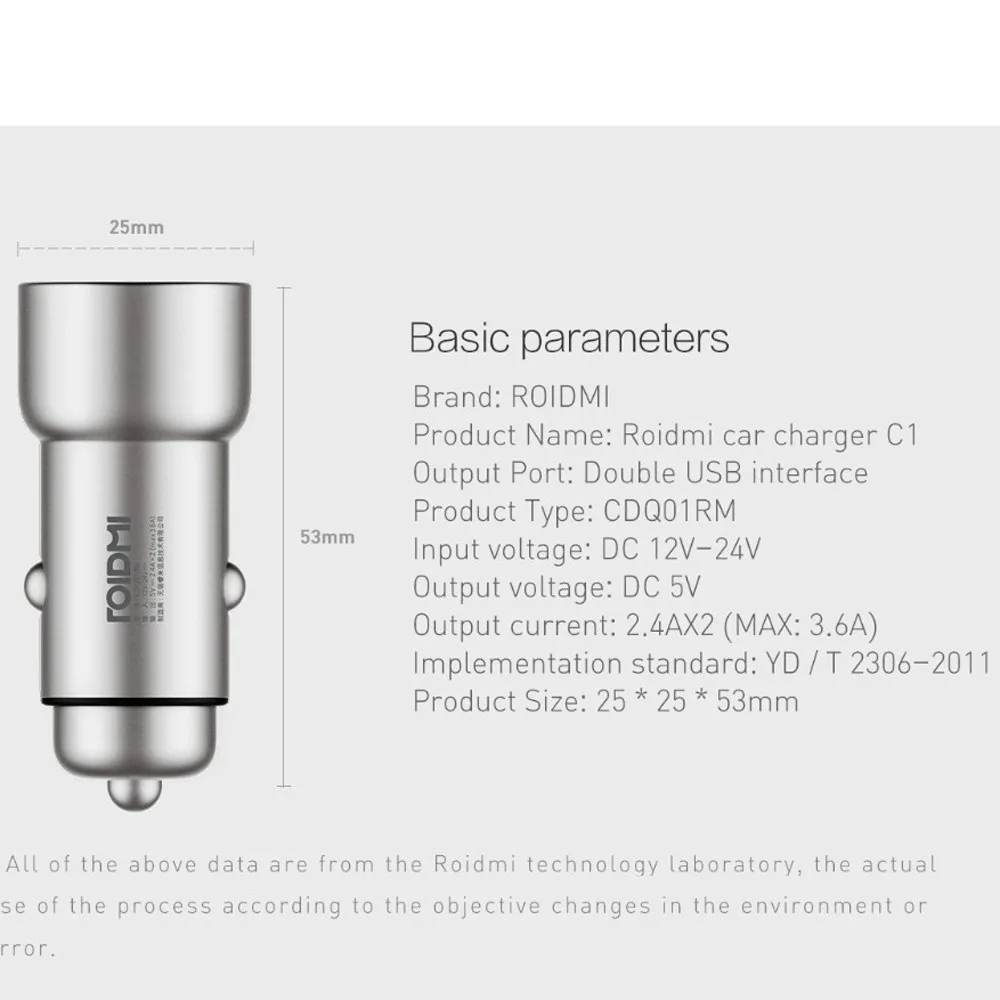 Roidmi C1 быстрое и интеллектуальное автомобильное зарядное устройство металлический внешний вид двойной Usb выход совместим для всех автомобилей для Ios и Android телефон