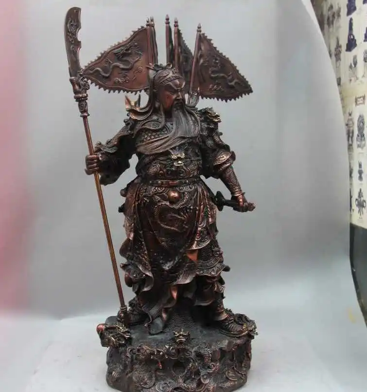 

21 Chinese Bronze Copper Nine Dragon Guan Gong Yu God 5 Flag Hold Sword Statue