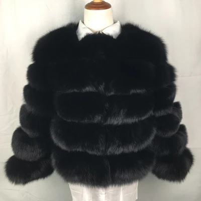 Furealux, 50 см, шуба из натурального Лисьего меха, женская зимняя Толстая Меховая куртка, короткая шуба, опт, настоящая лисица, короткий рукав - Цвет: Black