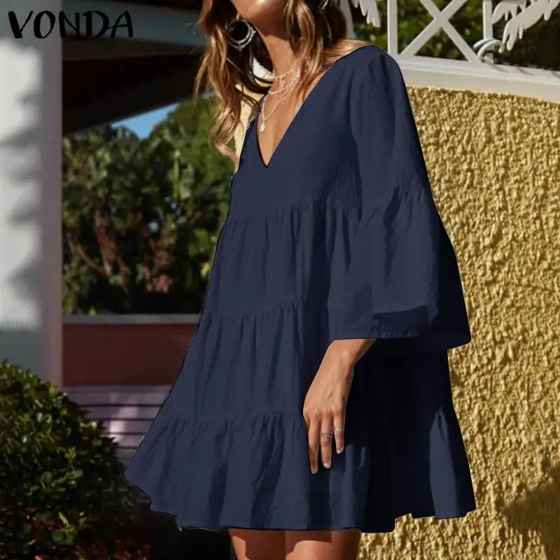 VONDA, женское платье для вечеринки, богемное, сексуальное, v-образный вырез, 3/4, рукав-клеш, высокая талия, Пляжное, мини платье,, летнее, винтажное, Vestido размера плюс