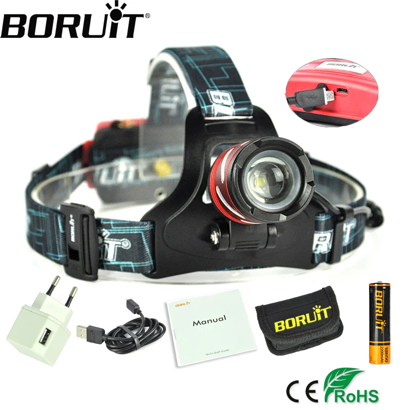 

Boruit 1600LM XML T6 LED Headlight 3-Mode Zoom Headlamp Camping Hunting Head Torch Fishing Frontal Lamp Lantern by 18650 Battery