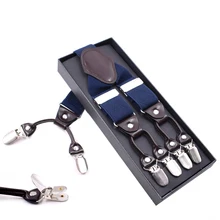 Мужские модные эластичные регулируемые кожаные подтяжки с 6 клипсами, винтажные повседневные подтяжки, подтяжки для брюк, ремень, синий цвет