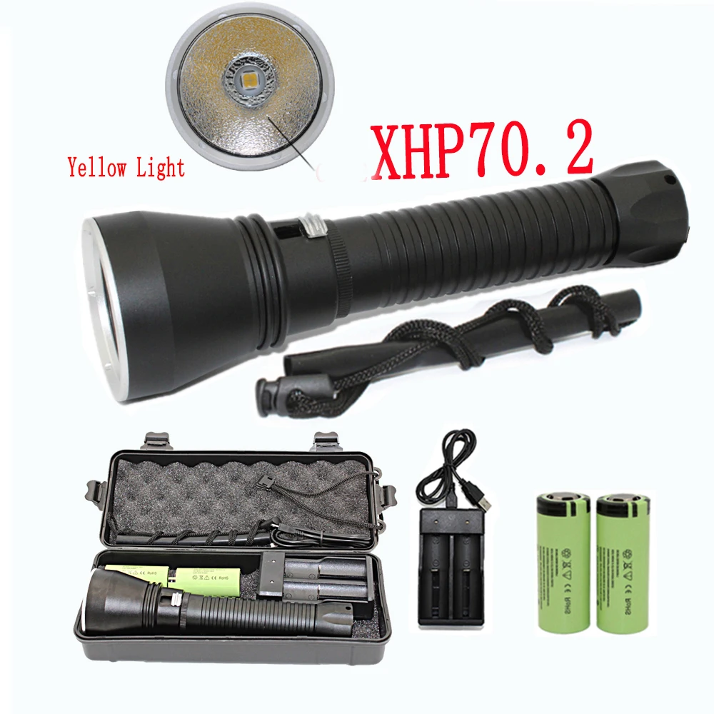 

Super Brightness XHP70.2 LED Yellow Light 4000 Lumens Diving Flashlight Tactical 26650 Torch Underwater 100M Waterproof