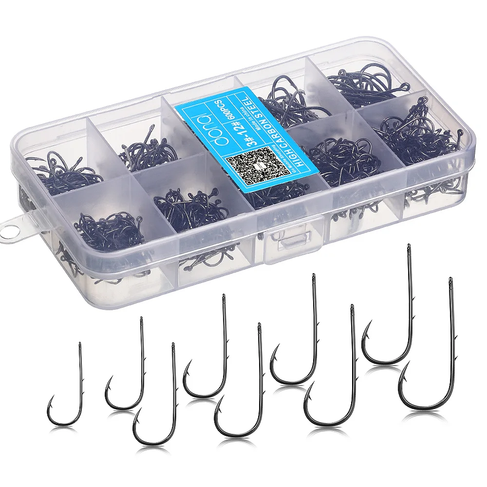 DONQL 200-600pcs Box Barbed Fishing Hooks 3#-12# Carp Single Fishihook Set Fly Fishing Accessories Carbon Steel Jip Sea Hooks   (11)