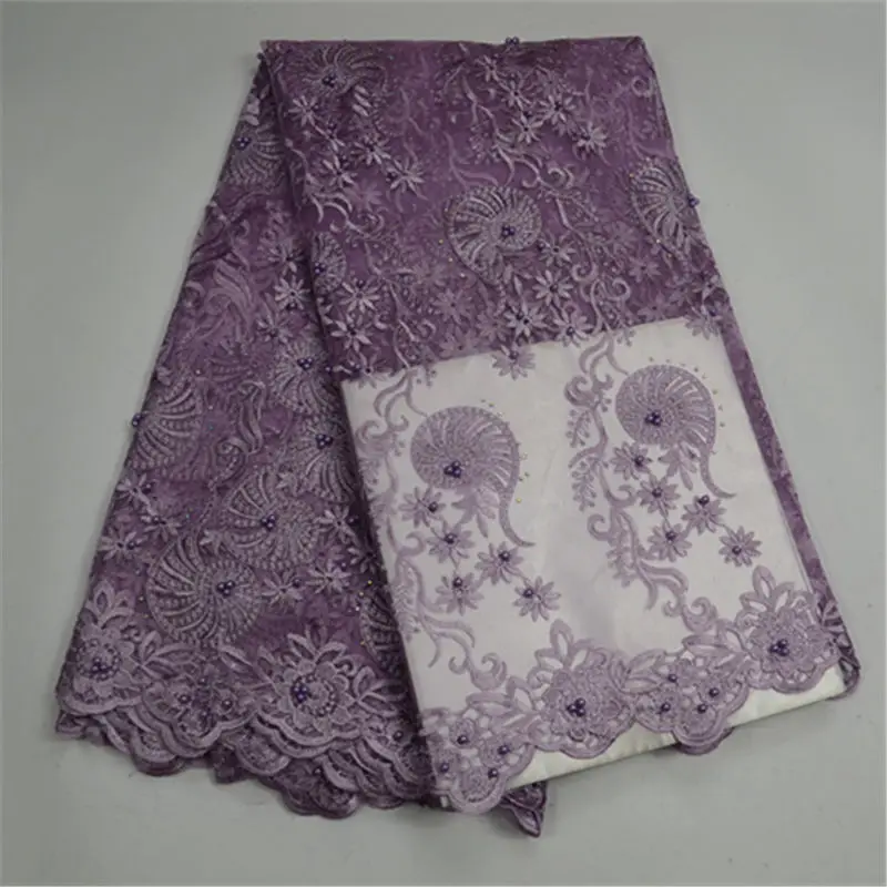 

Fashion Design Beautiful Lilac Color Embroidery French Mesh Lace Fabric Tulle Lace Fabric With Beads For Lady Wedding Dress 30