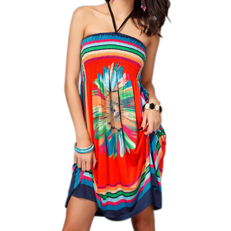 

Sexy Women Summer Beach Dress Casual Strapless Floral Print Bohemian Dresses Sundress ZJ55