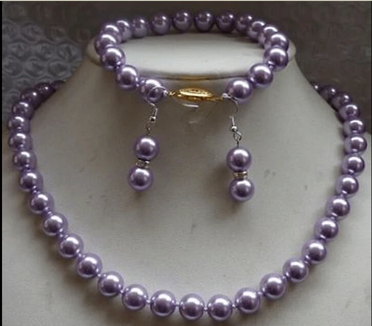 

FREE SHIPPING 10MM round lavender south sea shell pearl necklace Bracelet Earring SET
