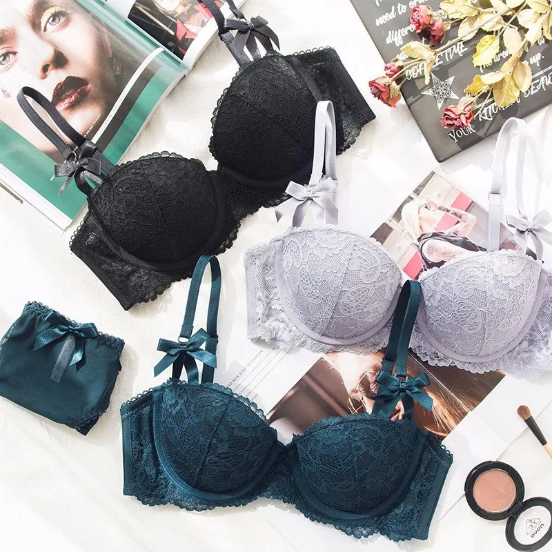 

Wasteheart Women Fashion Gray Bow Straps Bralette Underwire Cotton Panties Push Up Bra Set Sexy Lingerie Set Underwear Plus Size
