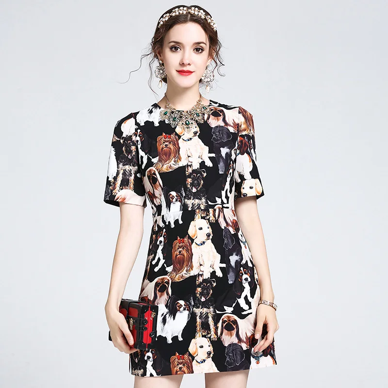 2017 New Summer Fashion Dogs Print Slim Mini Dress High Quality Short
