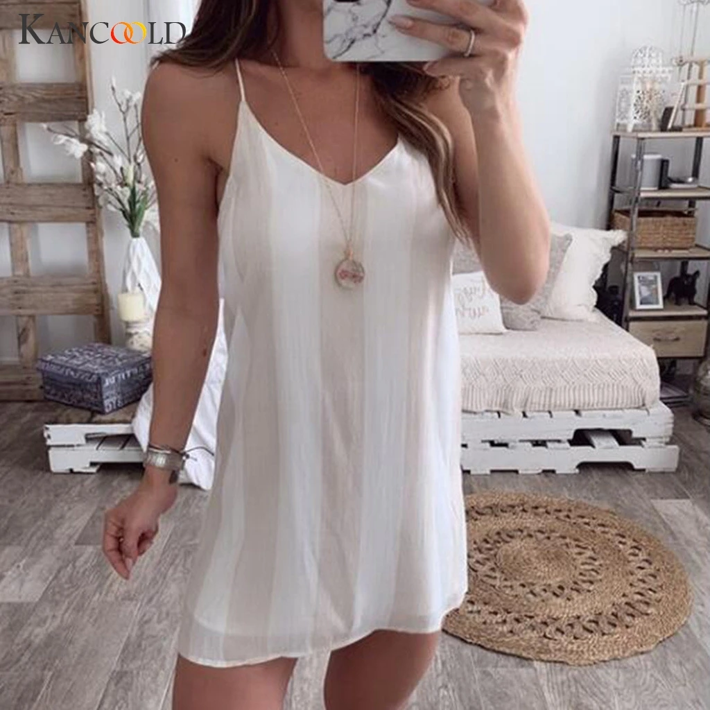 

KANCOOLD dress Women Casual Striped Sleeveless V-neck Mini Beach Dress Summer Solid fashion new dress women 2019MAY23