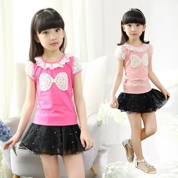 

New Children's Summer Girls Lace Short-sleeved T-shirts Children Clothes Kids Clothing Cotton 4 Colour