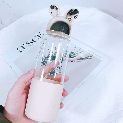 

Portable Transparent Water Bottle Fox rabbit cartoon Insulation Cover crystal Bottle cute 350ML for student girl Drinkware