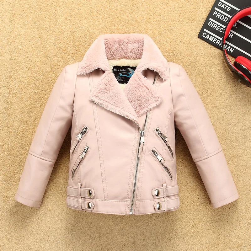Boys Girls Fleece Leather Jacket for Winter Children's Faux Leather Coat Outwear Kids Clothing Clothes