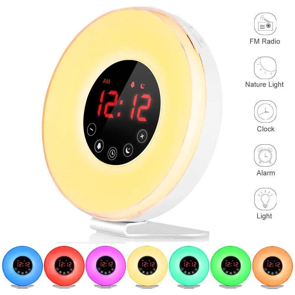 

7 Sounds 7 Colors Night Light with Wake Up Light Digital Smart Alarm Clock Snooze Function Touch Control and FM Radio EU US Plug