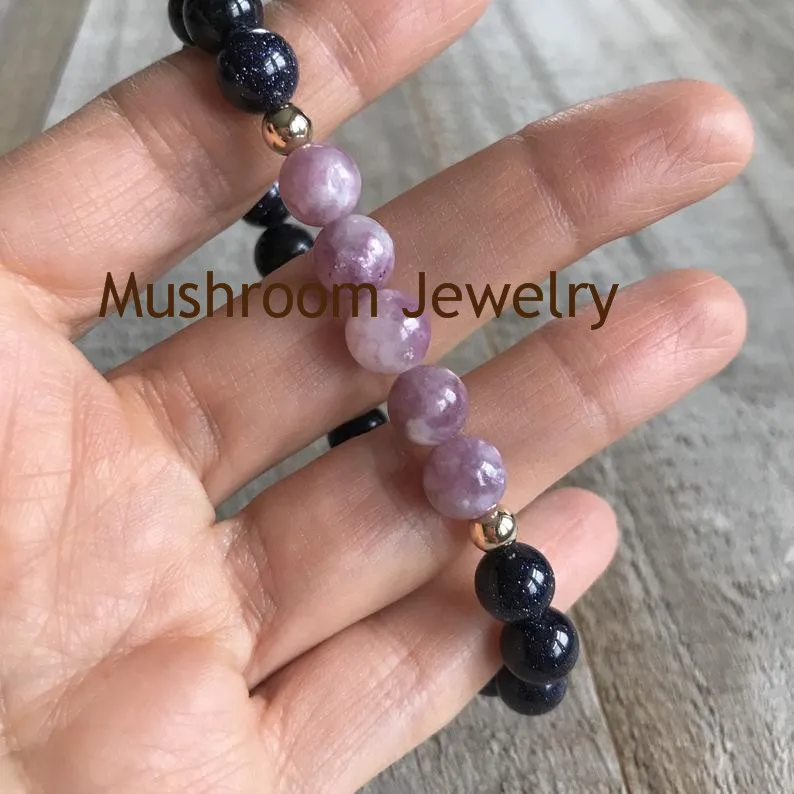 BS2019335 Blue Goldstone + Lepidolite Bracelet, Stretch Bracelet, Beaded Stretch Bracelets.. (1)