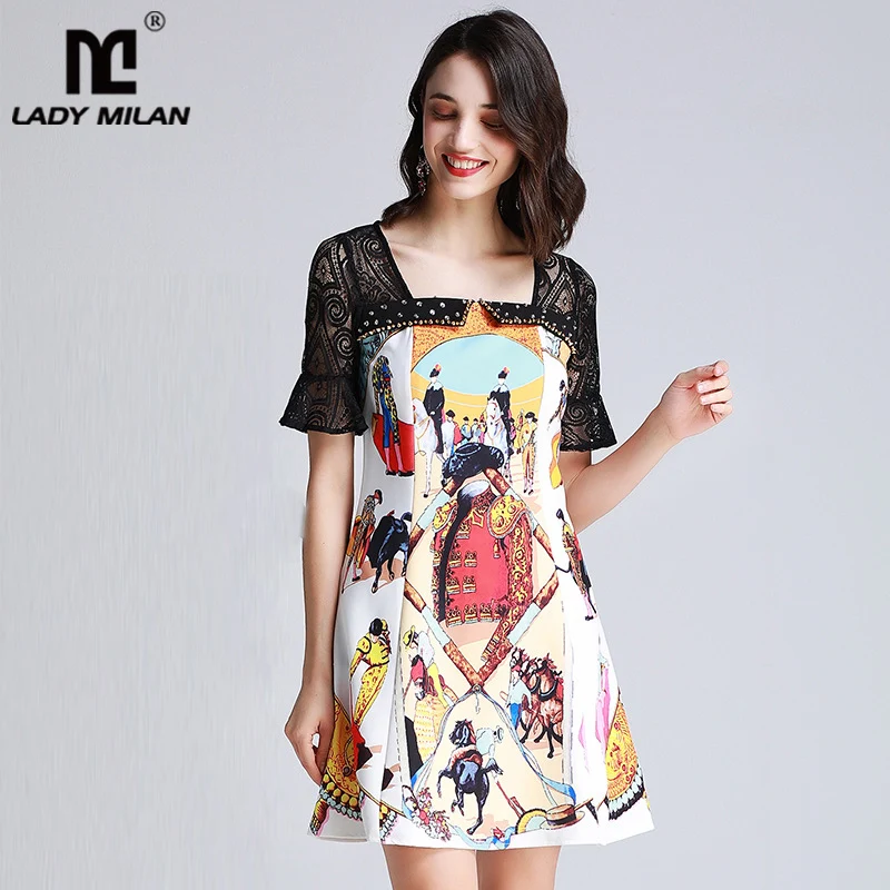 

Women's Runway Designer Dresses O Neck Short Sleeves Embroidery Lace Beaded Patchwork Fashion Casual Summer Dresses