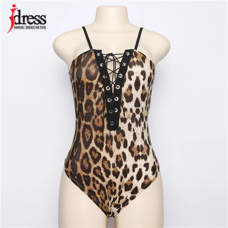 IDress Sexy Lace Up Hollow Out Leopard Bodysuits Women 2017 Spaghetti Strap Deep V Club Party Jumpsuit Rompers Summer Overalls (4)